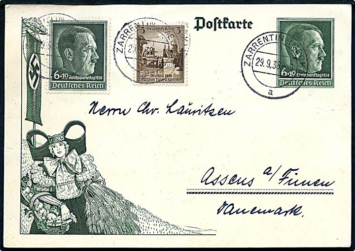 6+19 pfg. Reichsparteitag illustreret helsagsbrevkort opfrankeret med 6+19 pfg. Reichsparteitag og 3 pfg. Sportfest fra Zarrentin d. 29.9.1938 til Assens, Danmark.