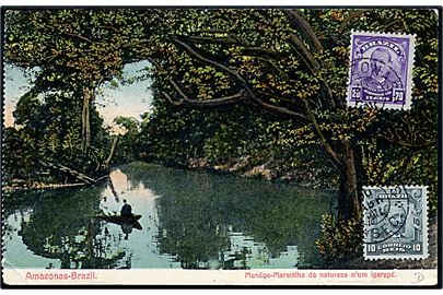 10 reis og 20 reis på billedside af brevkort (Amazonas) fra Manaos annulleret med skibsstempel Amazonas d. 30.4.1913 til Charlottenlund, Danmark.