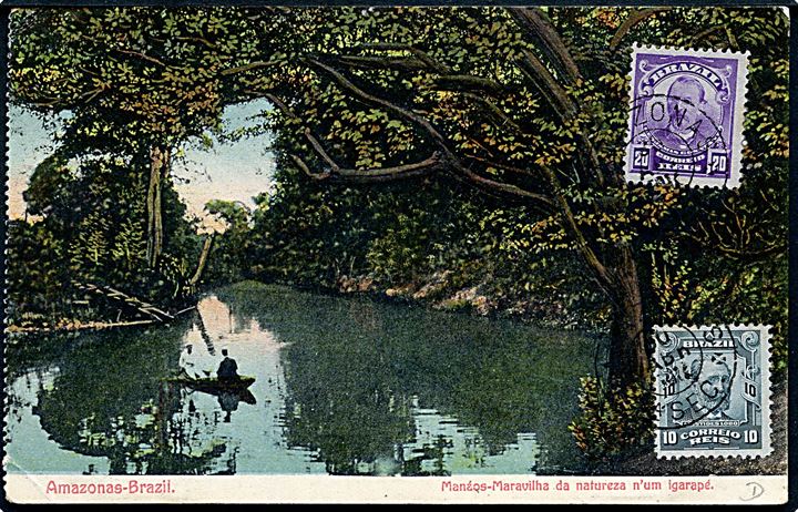 10 reis og 20 reis på billedside af brevkort (Amazonas) fra Manaos annulleret med skibsstempel Amazonas d. 30.4.1913 til Charlottenlund, Danmark.