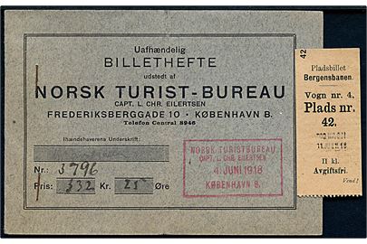 Billethæfte fra Norsk Turist-Bureau i København d. 4.6.1918 og løs pladsbillet til Bergensbanen d. 11.6.1918.