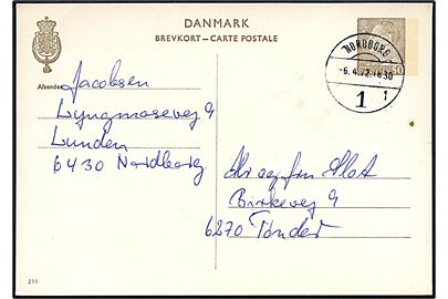 50 øre Fr. IX helsagsbrevkort (fabr. 133) annulleret med brotype Vd Nordborg 1 sn1 d. 6.4.1972 til Tønder.