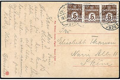 5 øre Bølgelinie (3) på brevkort fra Ølgod annulleret med reserve bureaustempel (R7) NØRREJYLL'S JBPKT sn1 T.1028 d. 18.5.1922 til Skive. Reservestempel benyttet på strækningen Fredericia - Struer i årene 1920-23.
