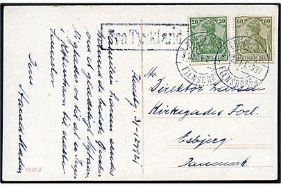 Tysk 20 pfg. og 60 pfg. Germania på nytårskort fra Flensburg annulleret med dansk bureaustempel Fredericia - Flensborg sn6 T.937 d. 31.12.1921 og sidestemplet Fra Tyskland til Esbjerg, Danmark.