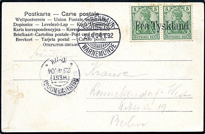 Tysk 5 pfg. Germania i parstykke på brevkort (Færgen Mecklenburg) annulleret med skibsstempel Fra Tyskland og sidestemplet bureau Kjøbenhavn - Warnemünde T.92 d. 24.4.1904 til Reinickendorf, Tyskland.
