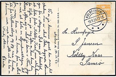 10 øre Bølgelinie på brevkort fra Aarhus annulleret med brotype IIc skibsstempel Kolby (Havn) d. 19.11.1934 til Koldby Kaas, Samsø.