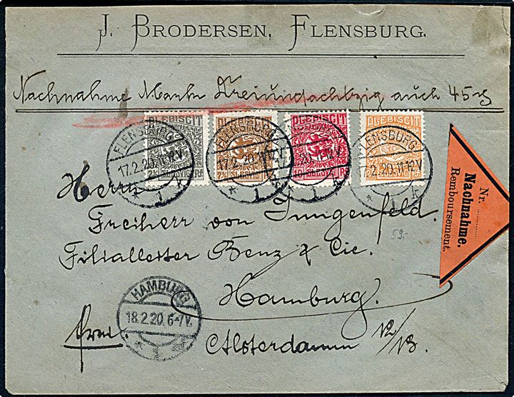 2½ pfg., 7½ pfg., 10 pfg. og 25 pfg. Fælles udg. på brev med postopkrævning fra Flensburg d. 18.2.1920 til Hamburg.