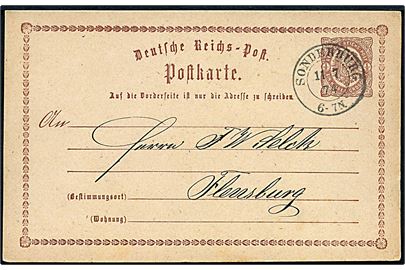 ½ gr. helsagsbrevkort annulleret med 2-ringsstempel Sonderburg d. 11.7.1874 til Flensburg.