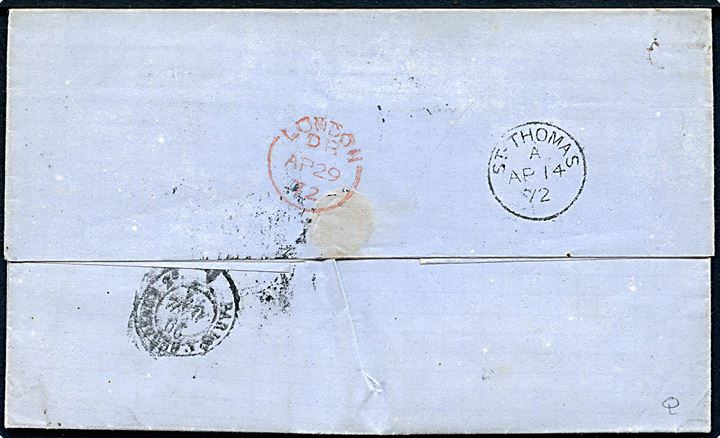 1872. Ufrankeret portobrev påskrevet per Steamer fra St. Thomas stemplet ved det britiske postkontor St-Thomas A d. 14.4.1872 via London til Mauzé, Frankrig. Rammestempel GB 1 F 60C, Angl. par Calais, samt fransk portostempel. Fuldt indhold.