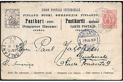 10 pen spørgedel af dobbelt helsagsbrevkort fra Wiborg d. 30.3.1892 via St. Petersborg, New York og New Orleans til Guatemala i Mellemamerika. Sjælden destination.