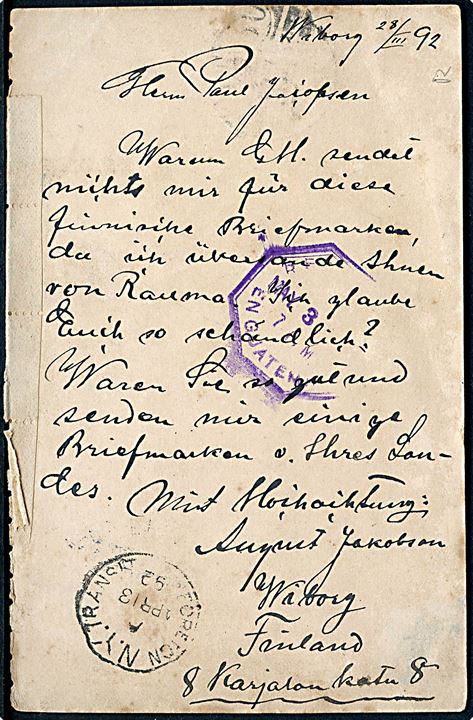 10 pen spørgedel af dobbelt helsagsbrevkort fra Wiborg d. 30.3.1892 via St. Petersborg, New York og New Orleans til Guatemala i Mellemamerika. Sjælden destination.