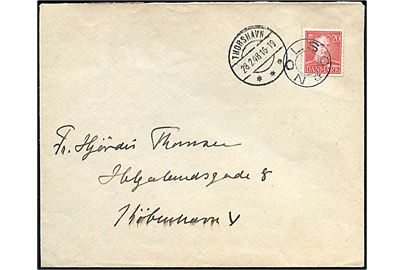 20 øre Chr. X på brev annulleret med udslebet stjernestempel NOLSØ og sidestemplet Thorshavn d. 28.2.1948 til København.