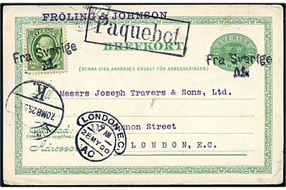 5 öre helsagsbrevkort opfrankeret med 5 öre Oscar fra Malmö annulleret med skibsstempel Fra Sverige M. og sidestemplet både Kjøbenhavn K. d. 25.5.1900 og Paquebot til London, England.