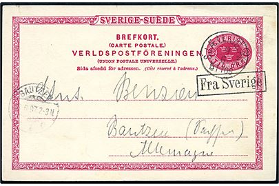 10 öre helsagsbrevkort fra Malmö annulleret med dansk lapidar bureaustempel Sjæll. JB.PKT. d. 9.6.1897 og sidestemplet Fra Sverige til Bautzen, Tyskland.