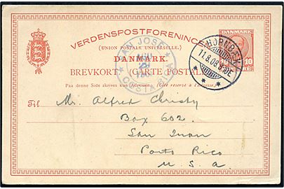 10 øre Fr. VIII helsagsbrevkort fra Hornbæk d. 11.8.1908 til San José, Costa Rica, Mellemamerika. Sjælden destination.