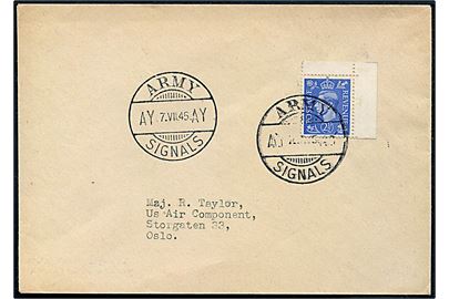 Britisk 2½d George VI brev annulleret med britisk kurér stempel Army Signals AY-AY d. 7.7.1945 til officer ved US Air Component i Oslo. Stemplet benyttet af 180th Dispatch Rider Section, Norway Force Signals i Oslo. Filatelistisk.