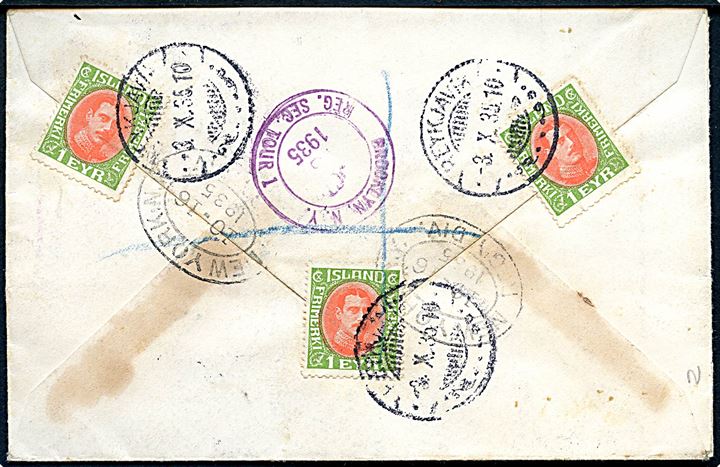 1 eyr Chr. X (3), 25 aur og 1 kr. Luftpost på for- og bagside af anbefalet brev fra Reykjavik d. 3.10.1935 via New York til Brooklyn, USA.