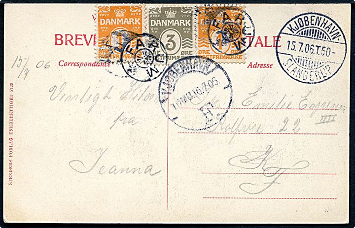 1 øre (2) og 3 øre Bølgelinie på brevkort (Farum Sø med Farum Gaard) annulleret med stjernestempel FARUM og sidestemplet bureau Kjøbenhavn - Slangerup T.50 d. 15.7.1906 til Kjøbenhavn.