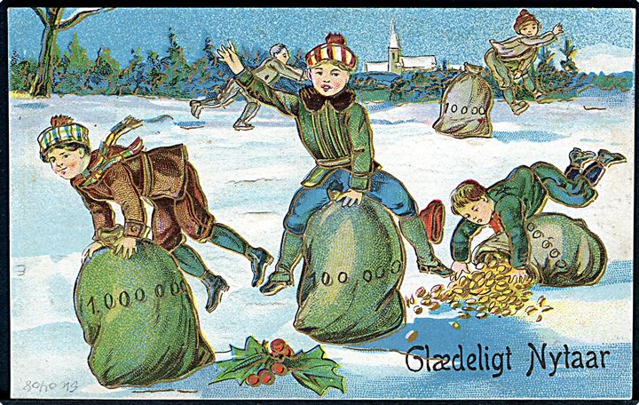 3 øre Bølgelinie på lokalt nytårskort (Børn med pengesække) annulleret med stjernestempel GODTHAAB til Elleby, Østermarie pr. Godthaab.