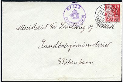 15 øre Karavel på brev annulleret med bureaustempel Tinglev - Sønderborg T.424 d. 21.6.1938 og sidestemplet med posthornstempel SPANG (SØNDERBORG) til København.