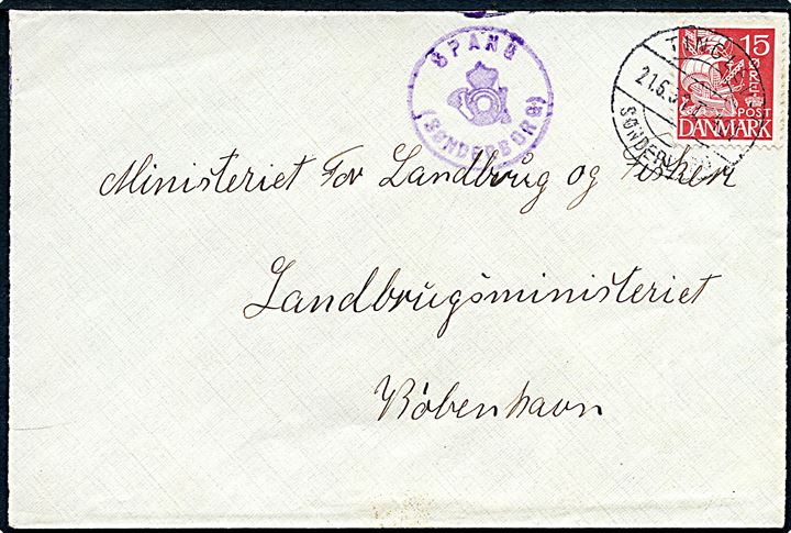 15 øre Karavel på brev annulleret med bureaustempel Tinglev - Sønderborg T.424 d. 21.6.1938 og sidestemplet med posthornstempel SPANG (SØNDERBORG) til København.