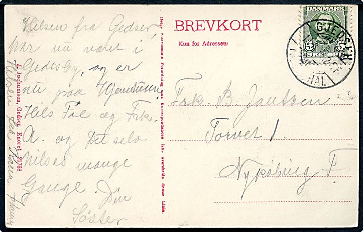 5 øre Fr. VIII på brevkort annulleret med sjældent brotype Ia Gjedser Færgehal d. 11.8.1912 til Nykjøbing F.