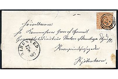 4 sk. 1854 udg. på brev annulleret med nr.stempel 57 og sidestemplet antiqua Ringsted d. 27.9.1856 til Kammerherre Greve af Sponneck, Generaltolddirektør, Storkors af Dannebrogen Dbgmd p.p. i Kjøbenhavn. Wilhelm Sponneck (1815-1888) var bl.a. Finansminister 1849-54.