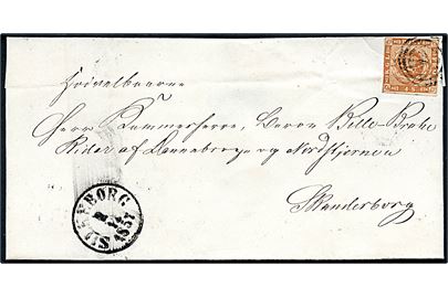 4 sk. 1854 udg. på brev annulleret med svagt nr.stempel 91 og sidestemplet antiqua Silkeborg d. 2.11.1857 til Kammerherre Baron Bille-Brahe, Ridder af Dannebrog og Nordstjernen, Skanderborg.