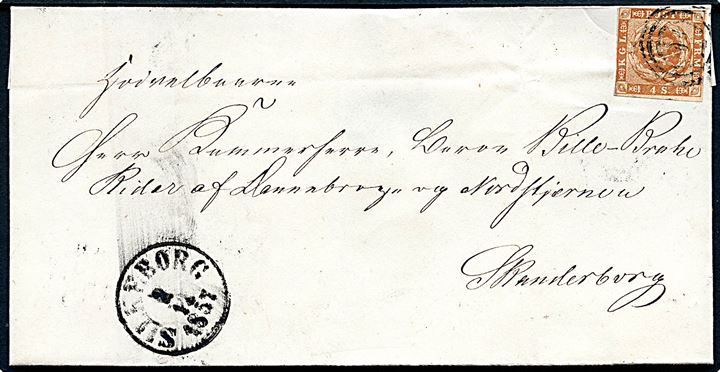 4 sk. 1854 udg. på brev annulleret med svagt nr.stempel 91 og sidestemplet antiqua Silkeborg d. 2.11.1857 til Kammerherre Baron Bille-Brahe, Ridder af Dannebrog og Nordstjernen, Skanderborg.