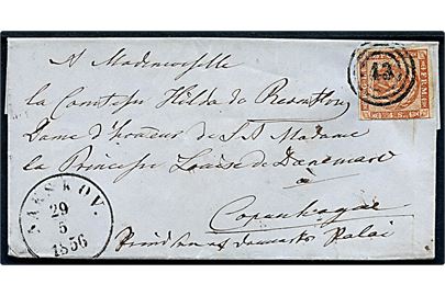 4 sk. 1854 udg. på brev annulleret med nr.stempel 43 og sidestemplet antiqua Nakskov d. 29.5.1856 til Komtesse Hilda Reventlow hofdame for Prinsesse Louise af Danmark, Kjøbenhavn.