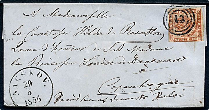 4 sk. 1854 udg. på brev annulleret med nr.stempel 43 og sidestemplet antiqua Nakskov d. 29.5.1856 til Komtesse Hilda Reventlow hofdame for Prinsesse Louise af Danmark, Kjøbenhavn.