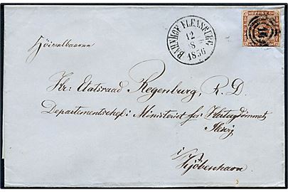 4 sk. 1854 udg. på brev annulleret med nr.stempel 16 og sidestemplet antiqua Bahnhof Flensburg d. 12.8.1856 til Etatsraad Regenburg R.D., Departementschef i Ministeriet for Hertugdømmet Slesvig i Kjøbenhavn.