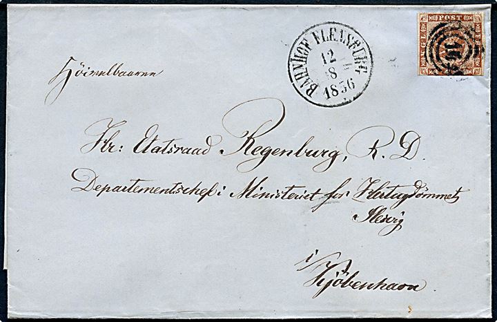 4 sk. 1854 udg. på brev annulleret med nr.stempel 16 og sidestemplet antiqua Bahnhof Flensburg d. 12.8.1856 til Etatsraad Regenburg R.D., Departementschef i Ministeriet for Hertugdømmet Slesvig i Kjøbenhavn.
