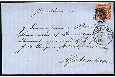 4 sk. 1854 på brev annulleret med nr.stempel 16 og sidestemplet antiqua Flensburg d. 10.8.1855 til Kammerherre Berling, Kommandør af Dannebrog og Dannebrogsmand chef for H. M. Kongens Privatsekretariat, Kjøbenhavn.