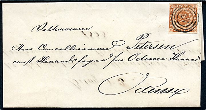 4 sk. 1858 udg. på brev annulleret med nr.stempel 42 og på bagsiden sidestemplet antiqua Middelfart d. 4.4.1859 til Odense.