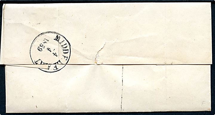4 sk. 1858 udg. på brev annulleret med nr.stempel 42 og på bagsiden sidestemplet antiqua Middelfart d. 4.4.1859 til Odense.