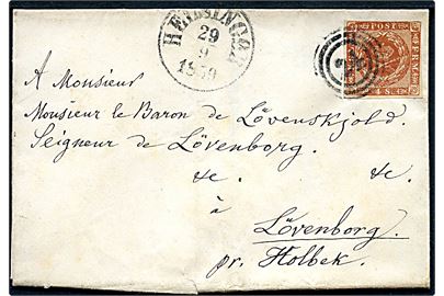 4 sk. 1858 udg. på brev annulleret med nr.stempel 24 og sidestemplet antiqua Helsingør d. 29.3.1859 til Baron Lövenskjold på Lövenborg pr. Holbæk.