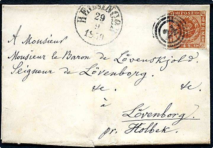 4 sk. 1858 udg. på brev annulleret med nr.stempel 24 og sidestemplet antiqua Helsingør d. 29.3.1859 til Baron Lövenskjold på Lövenborg pr. Holbæk.