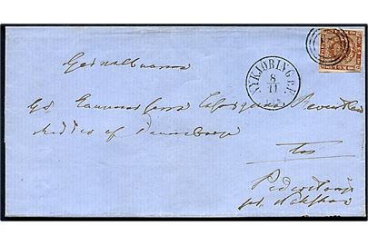 4 sk. 1858 udg. på brev annulleret med nr.stempel 47 og sidestemplet antiqua Nykjøbing p. F. d. 8.11.18xx til Kammerherre Lensgreve Reventlow, Ridder af Dannebrog til Pederstrup pr. Nakskov.
