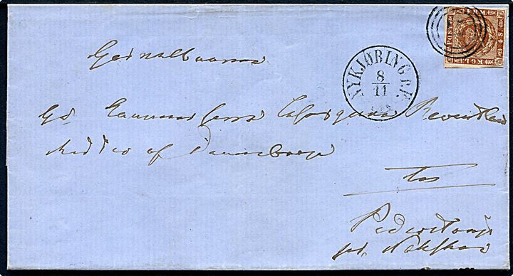 4 sk. 1858 udg. på brev annulleret med nr.stempel 47 og sidestemplet antiqua Nykjøbing p. F. d. 8.11.18xx til Kammerherre Lensgreve Reventlow, Ridder af Dannebrog til Pederstrup pr. Nakskov.