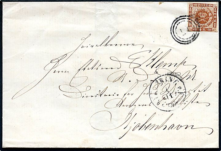 4 sk. 1858 udg. på brev annulleret med nr.stempel 48 og sidestemplet antiqua Nykjøbing p.F. d. 1.11.18xx til Etatsraad Klemp, R.D. D.M. ...?... for hans Majestæt Kongens Civil... i Kjøbenhavn.