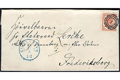 4 sk. Krone/Scepter på brev annulleret med nr.stempel 1 og sidestemplet blåt antiqua Kiøbenhavn d. 31.3.18xx til Etatsraad Lerche Ridder af Dannebrog m. flr. Ordner i Frederiksborg.