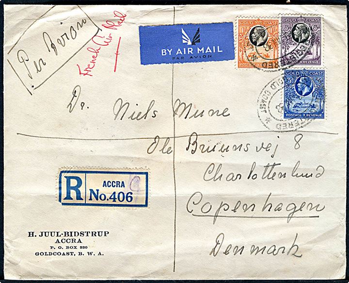 3d., 6d. og 1 sh. George V på anbefalet luftpostbrev påskrevet French Air Mail fra Accra stemplet Registered Accra Gold Coast d. 29.1.1938 via København Luftpost sn3 til Charlottenlund. 
