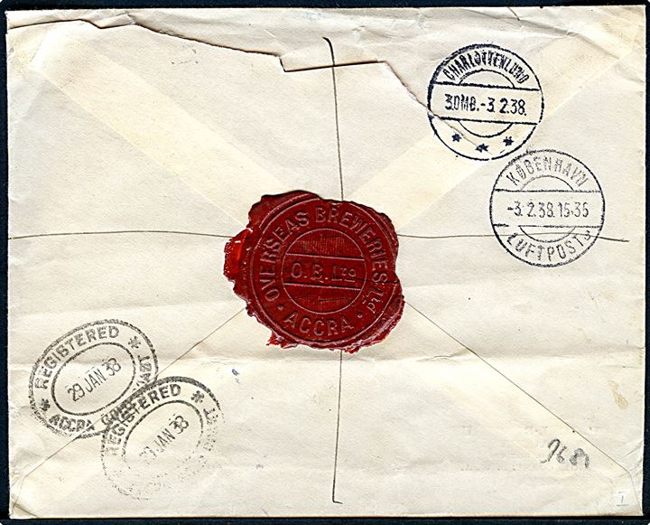3d., 6d. og 1 sh. George V på anbefalet luftpostbrev påskrevet French Air Mail fra Accra stemplet Registered Accra Gold Coast d. 29.1.1938 via København Luftpost sn3 til Charlottenlund. 