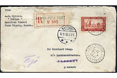 3 fr. på anbefalet brev fra S/S Nobles (American Export Lines) c/o American Consul sendt anbefalet fra Casablanca d. 4.9.1928 til Bernhard Maag, Nakskov, Danmark - eftersendt til Fejø. På bagsiden ank.stemplet brotype IIIb Fejø d. 12.9.1928.