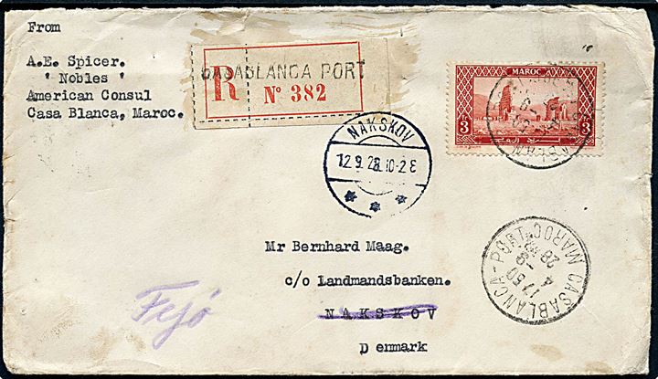 3 fr. på anbefalet brev fra S/S Nobles (American Export Lines) c/o American Consul sendt anbefalet fra Casablanca d. 4.9.1928 til Bernhard Maag, Nakskov, Danmark - eftersendt til Fejø. På bagsiden ank.stemplet brotype IIIb Fejø d. 12.9.1928.