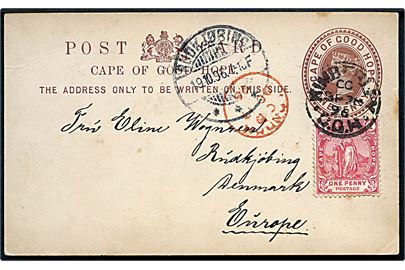 1d helsagsbrevkort opfrankeret med 1d fra Kimberley C.G.H. d. 28.9.1896 via London til Rudkjøbing, Danmark. Meddelelse på bagside fjernet.