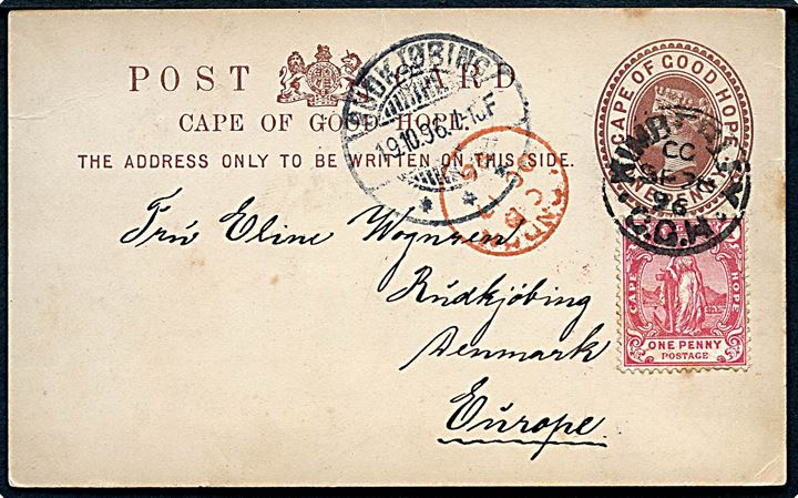 1d helsagsbrevkort opfrankeret med 1d fra Kimberley C.G.H. d. 28.9.1896 via London til Rudkjøbing, Danmark. Meddelelse på bagside fjernet.