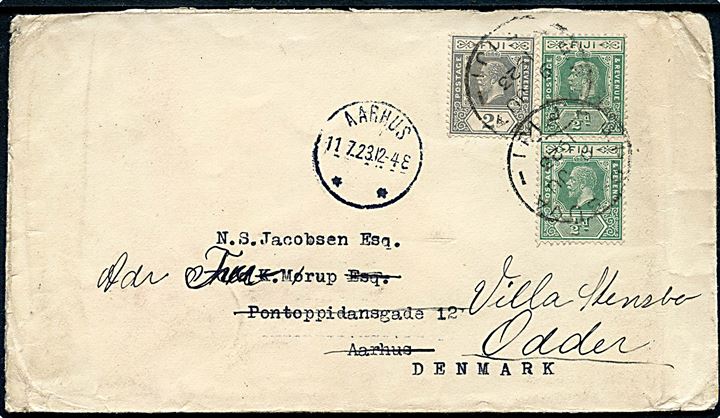 ½d (par) og 2d George V på brev stemplet G.P.O. Suva Fiji d. 9.6.1923 til Aarhus, Danmark - eftersendt til Odder.