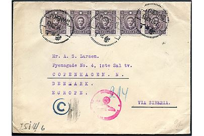 10 c. Sung Jiao-ren i vandret 5-stribe på brev fra Shanghai d. 9.10.1940 til København, Danmark. Passér stemplet ved den tyske censur i Berlin.