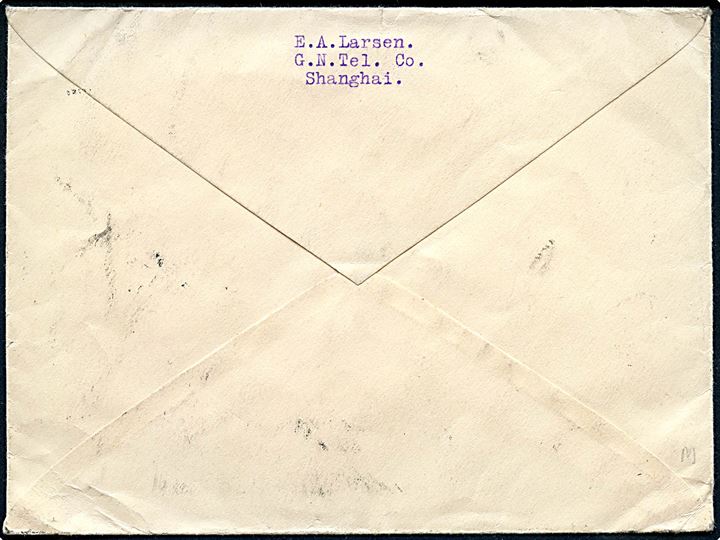 10 c. Sung Jiao-ren i vandret 5-stribe på brev fra Shanghai d. 9.10.1940 til København, Danmark. Passér stemplet ved den tyske censur i Berlin.